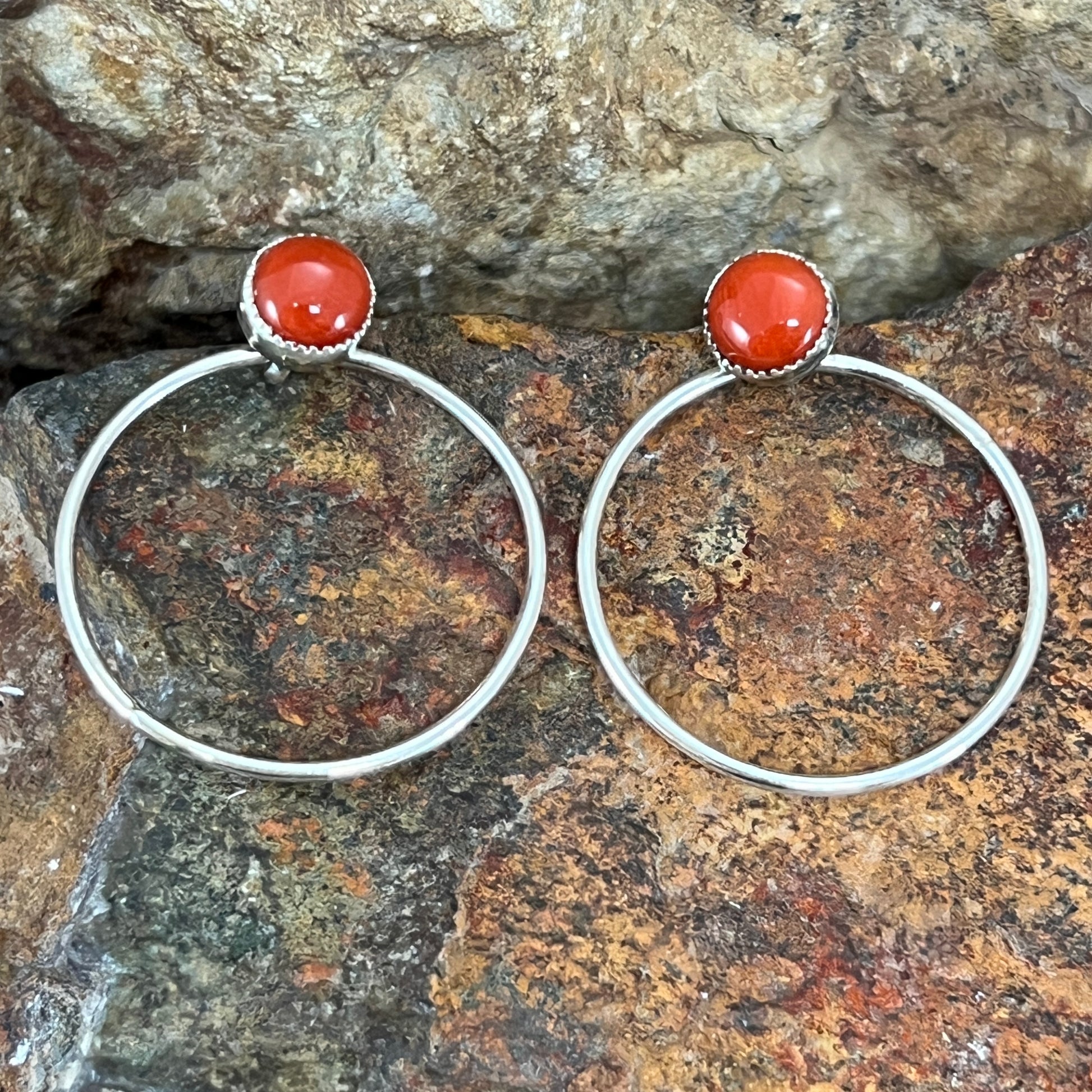 Red Coral Sterling Silver Earrings Hoops by Anna Spencer