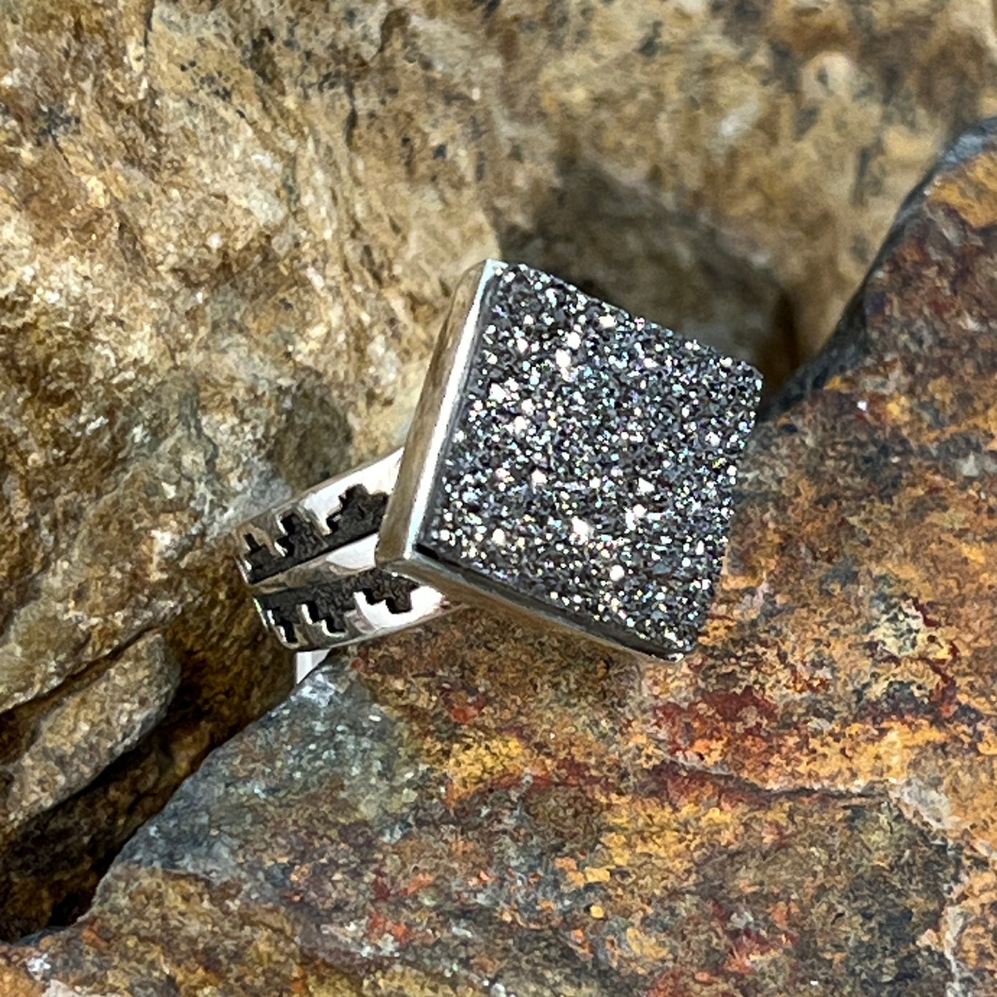 David Rosales Silver Country Square Druzy Sterling Silver Ring