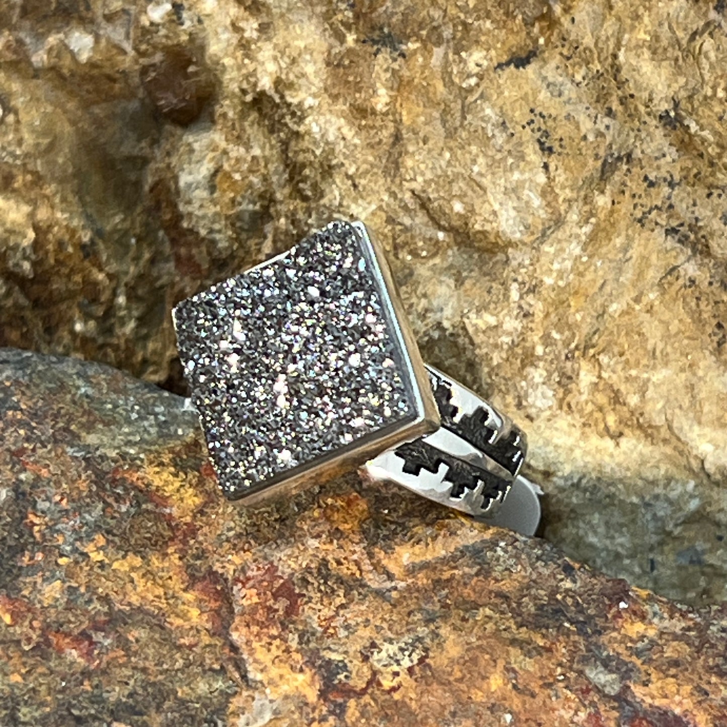 David Rosales Silver Country Square Druzy Sterling Silver Ring