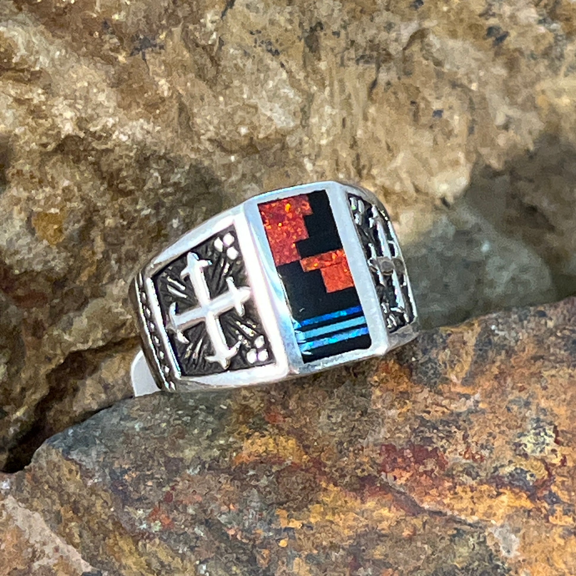 David Rosales Red Moon Inlaid Sterling Silver Ring