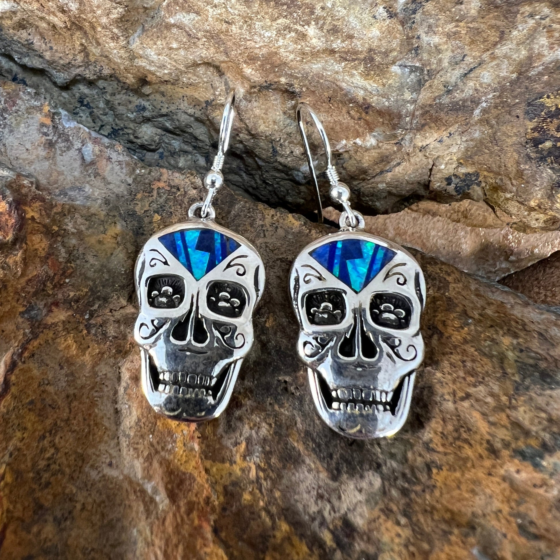 David Rosales Blue Sky Inlaid Sterling Silver Earrings Sugar Skull