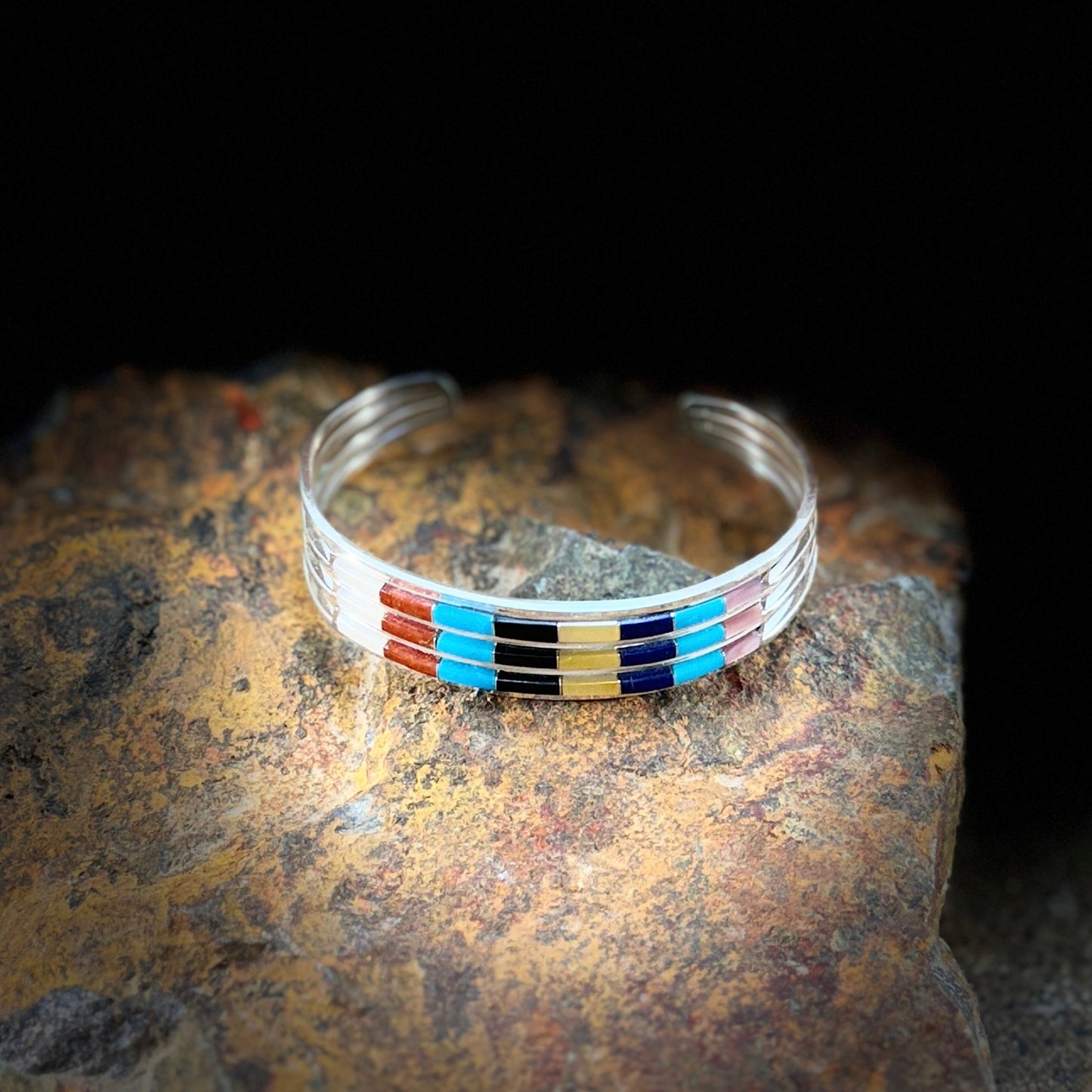 Three-Row Sterling Silver Cuff Bracelet, handcrafted by Navajo artist Anselm Wallace