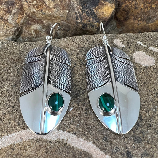 Malachite Sterling Sliver Feather Earrings by Lena Platero