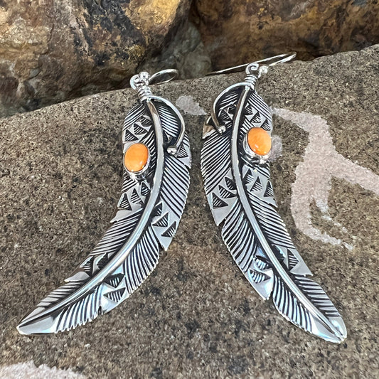 Orange Spiny Oyster Sterling Sliver Feather Earrings by Lena Platero