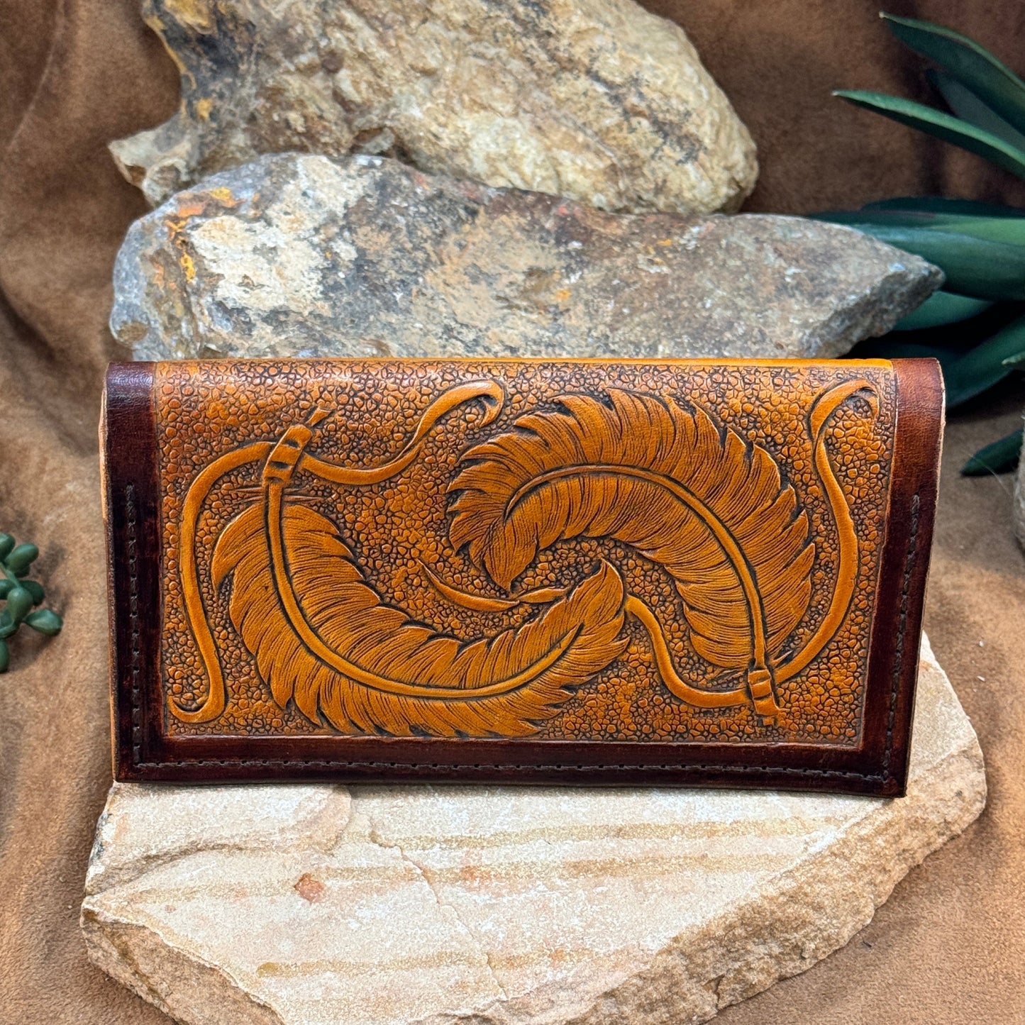 Hand Tooled Feather Design Ladies Wallet by Stephen Vaughn Leatherworks