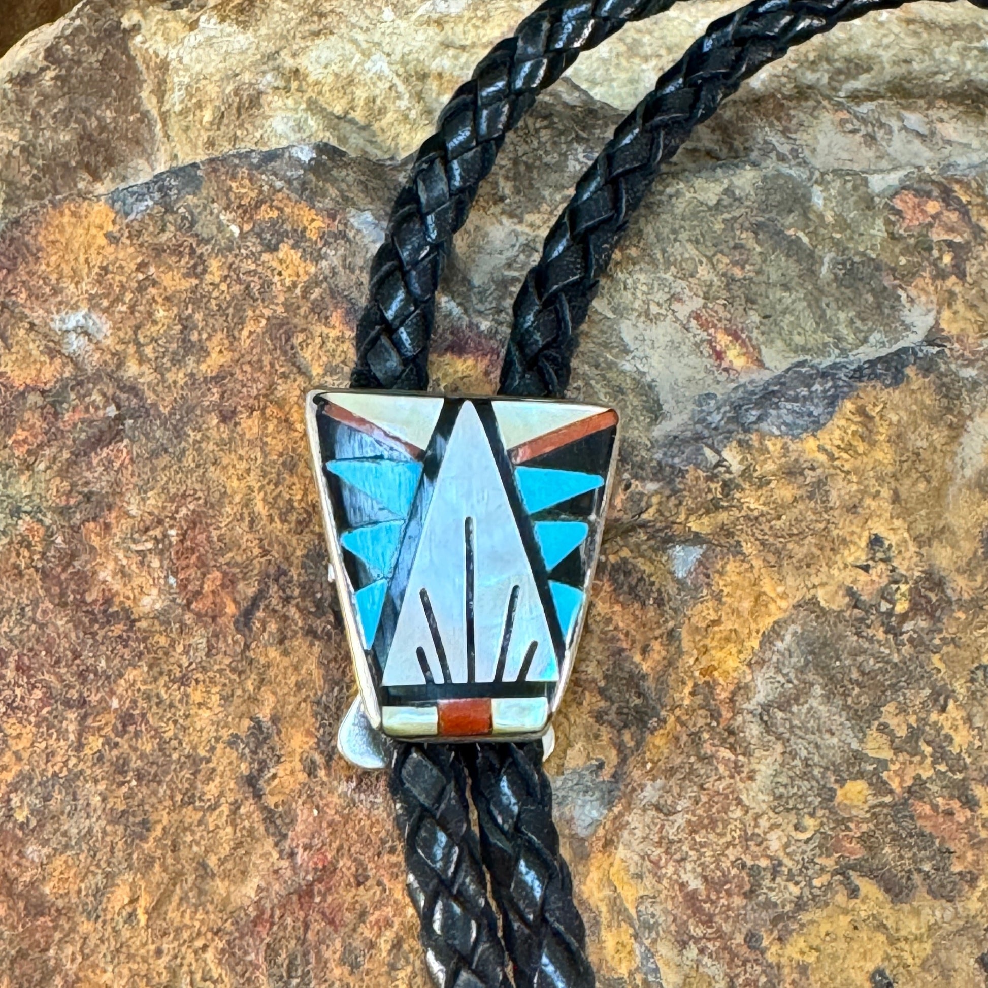 Vintage Inlaid Turquoise Sterling Silver Bolo Tie - Estate Jewelry