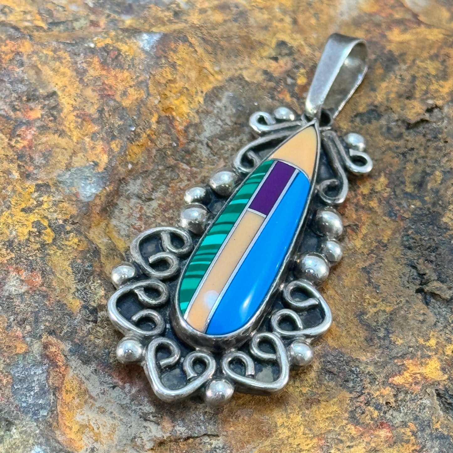 Estate Jewelry -  Inlaid Sterling Silver Pendant - Mexico