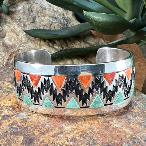 Sterling Silver Bracelet w/ Turquoise and Spiny Oyster by Philbert Begay