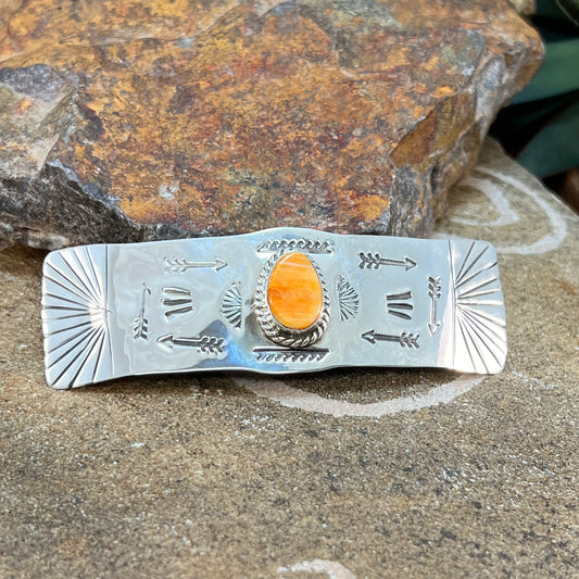 Orange Spiny Oyster Silver Barrette, crafted by renowned artisan Billy Jaramillo