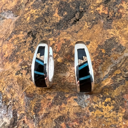 David Rosales Turquoise Creek Fancy Inlaid Sterling Silver Huggie Earrings