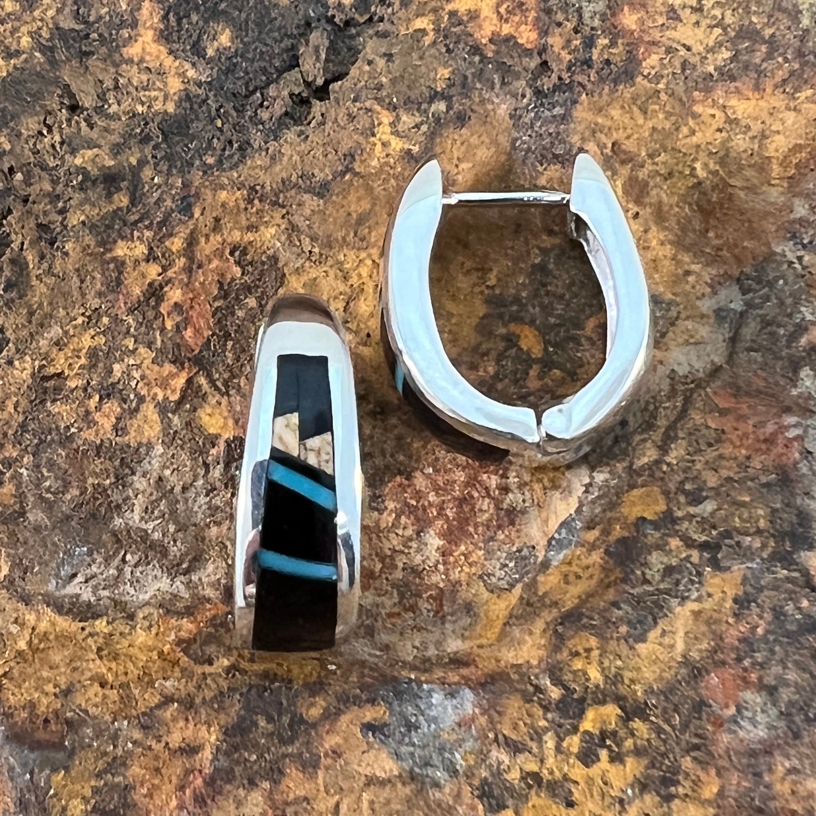 David Rosales Turquoise Creek Fancy Inlaid Sterling Silver Huggie Earrings