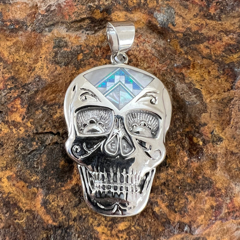 TEST David Rosales Mystic Pearl Inlaid Sterling Silver Pendant Sugar Skull