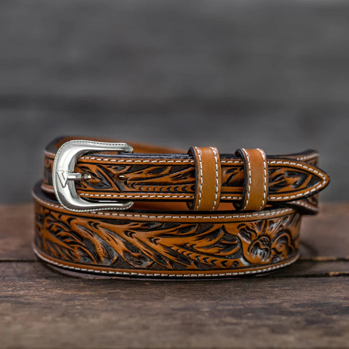 Russet Med-Dark Oak Leaf Tooled Leather Belt Strap