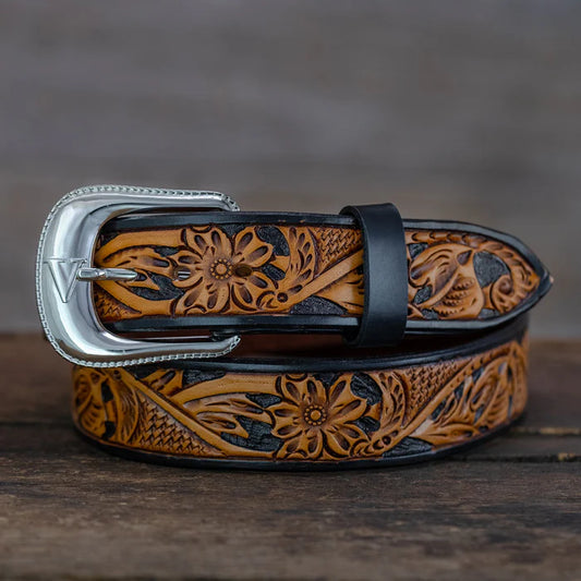 Russet Black Two-Toned Oak Leaf Tooled Leather Belt Strap