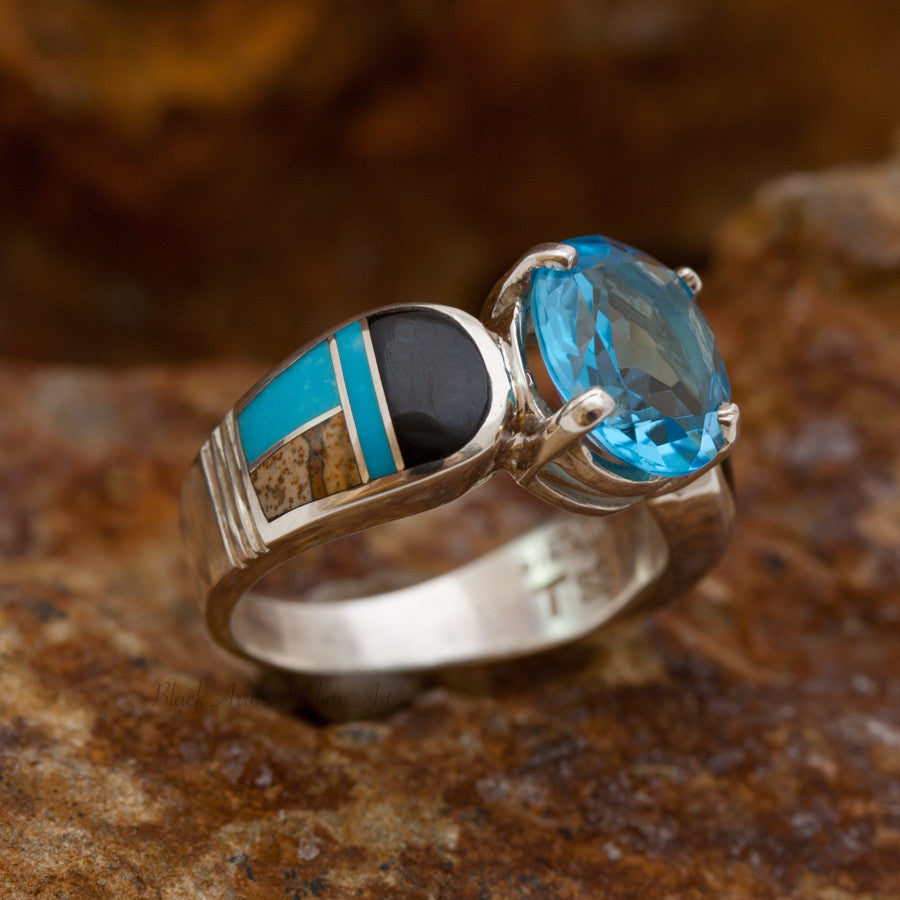 David Rosales Turquoise Creek Inlaid Sterling Silver Ring w Blue Topaz