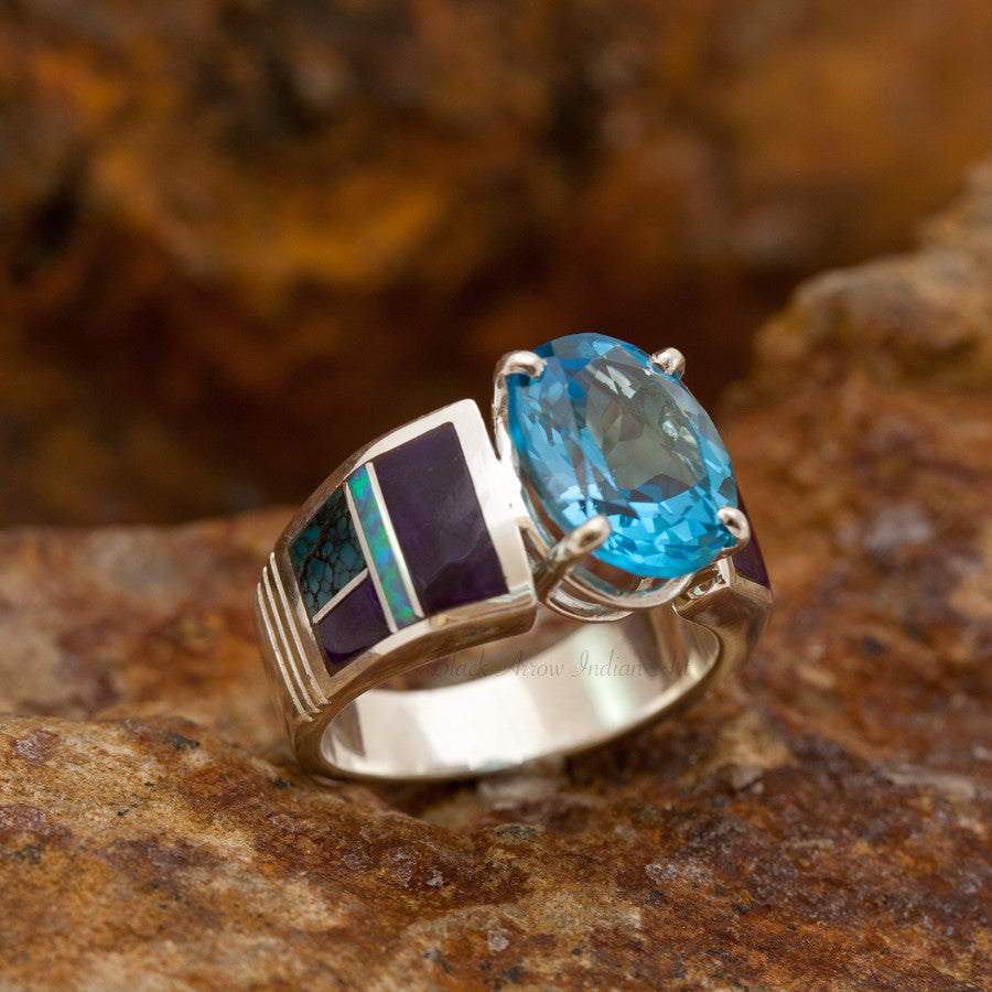 David Rosales Shalako Inlaid Sterling Silver Ring w/ Blue Topaz