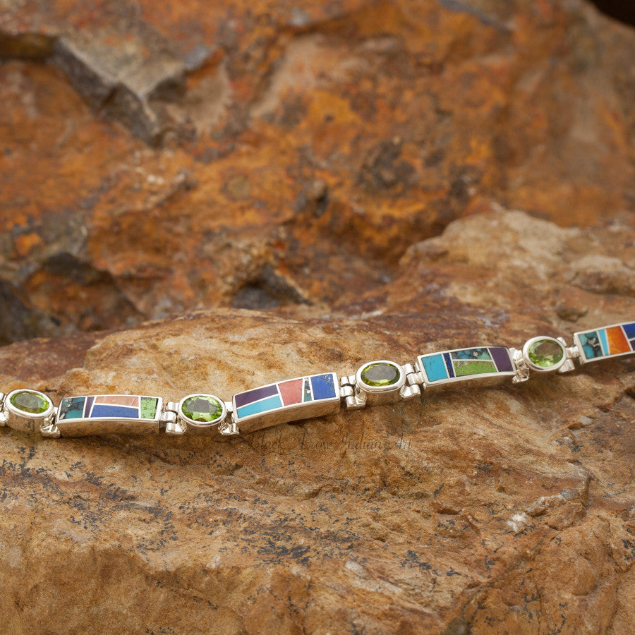 David Rosales Indian Summer Inlaid Sterling Silver Big Link Bracelet w/ Peridot