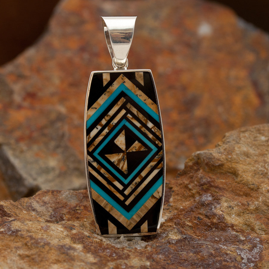 David Rosales Turquoise Creek Fancy Inlaid Sterling Silver Pendant