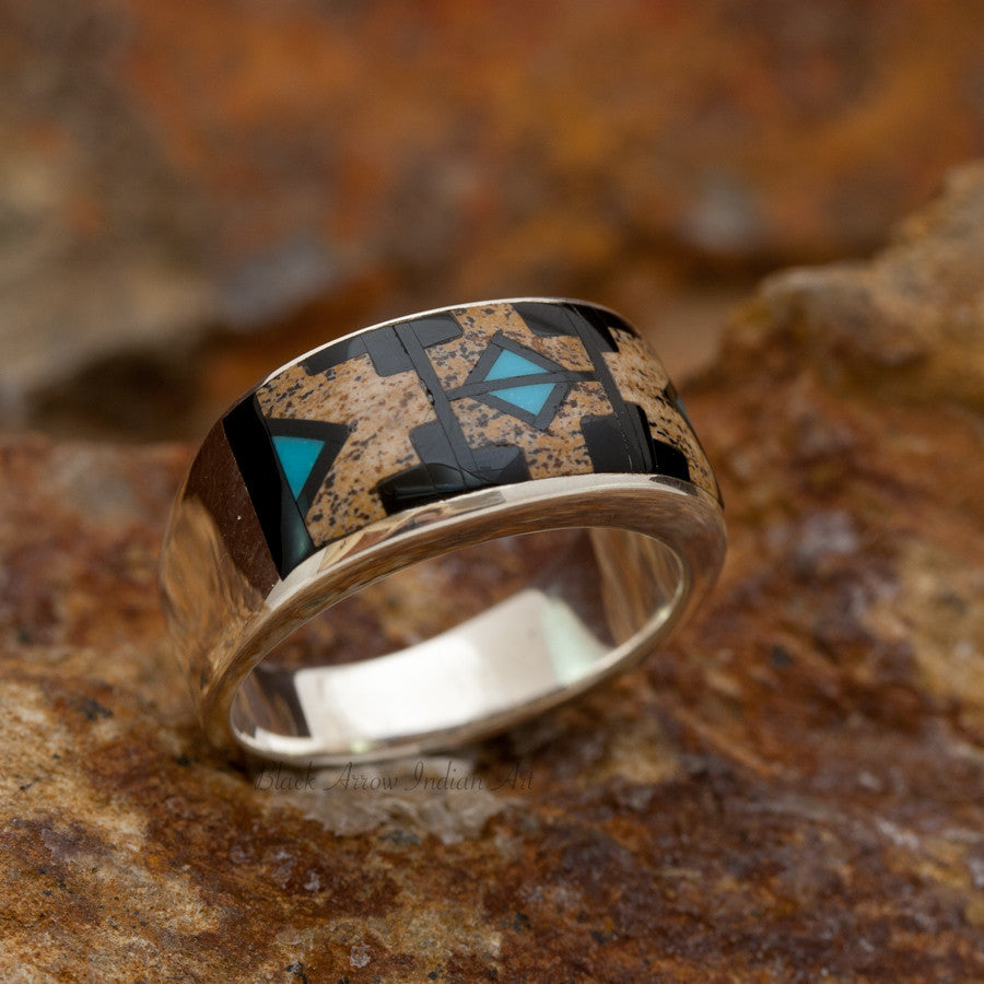 David Rosales Turquoise Creek Fancy Inlaid Sterling Silver Ring