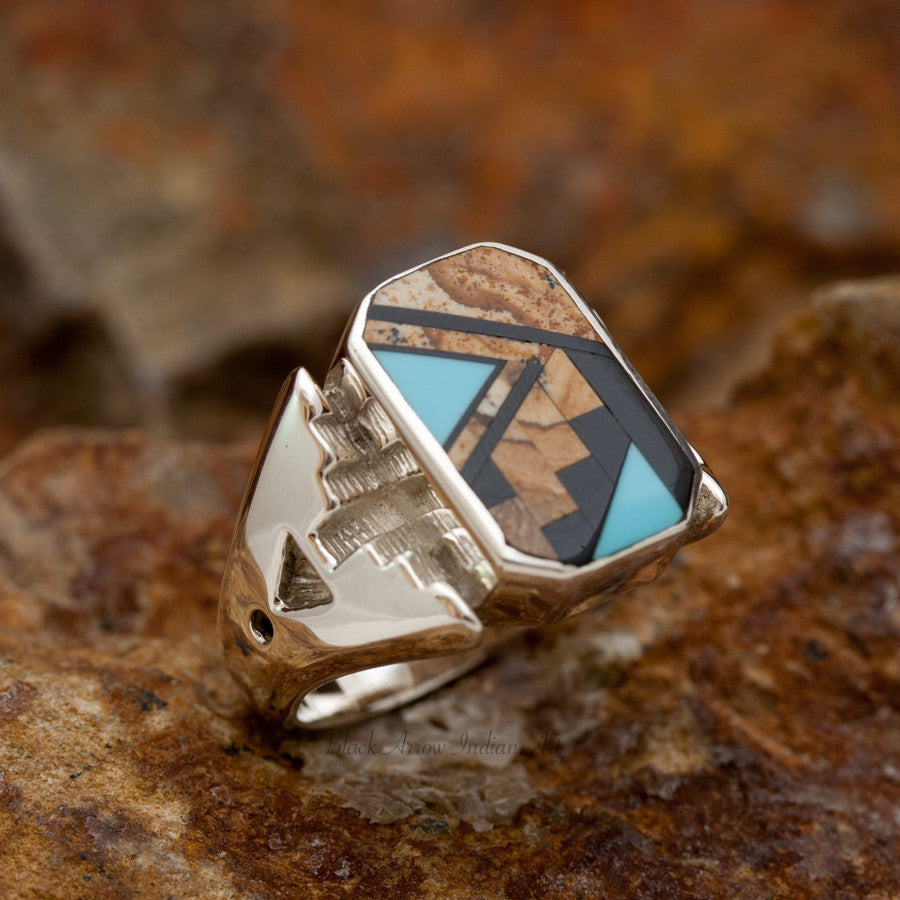 David Rosales Turquoise Creek Fancy Inlaid Sterling Silver Ring