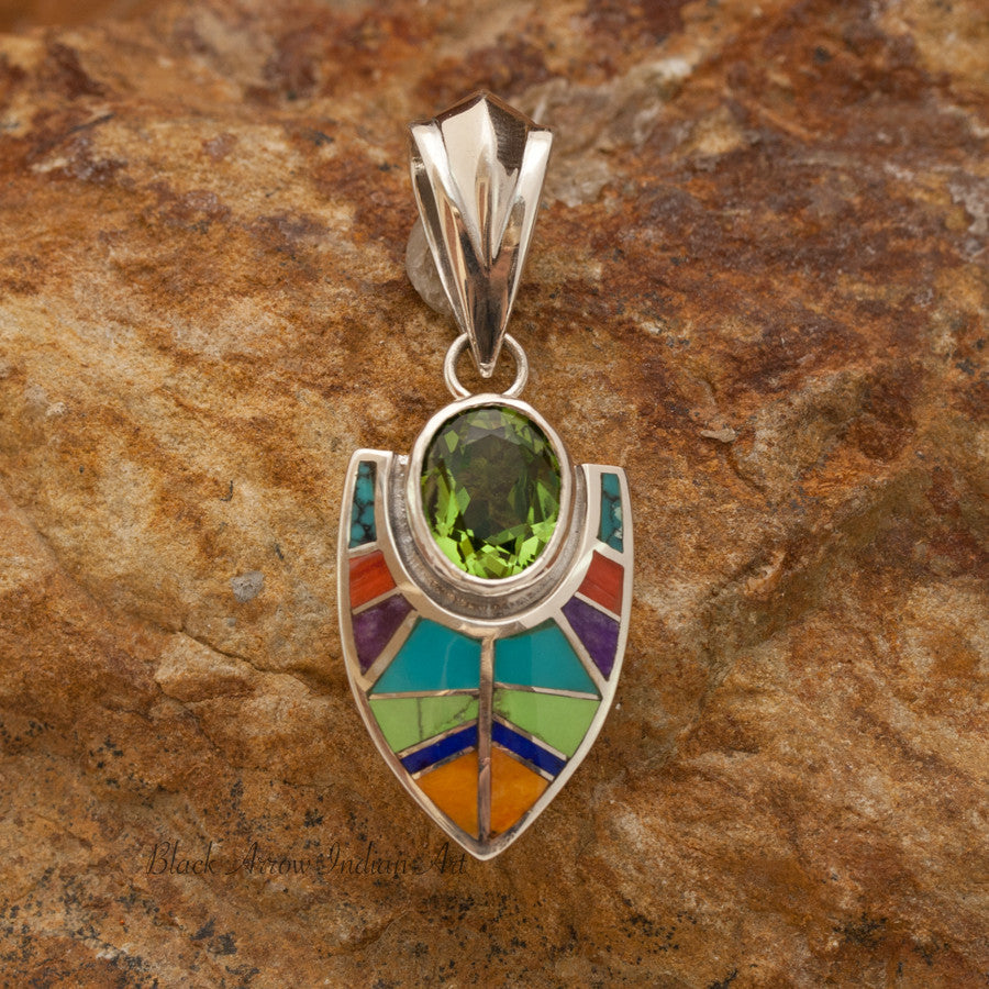 David Rosales Indian Summer Inlaid Sterling Silver Pendant w/ Peridot