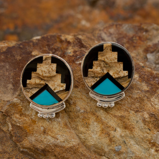 David Rosales Turquoise Creek Fancy Inlaid Sterling Silver Earrings