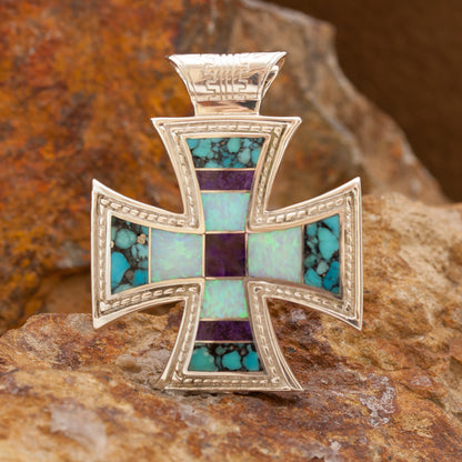 David Rosales Shalako Inlaid Sterling Silver Pendant Cross