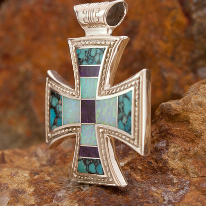 David Rosales Shalako Inlaid Sterling Silver Pendant Cross