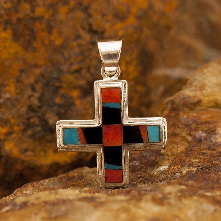 David Rosales Red Canyon Inlaid Sterling Silver Pendant Two-Sided Cross