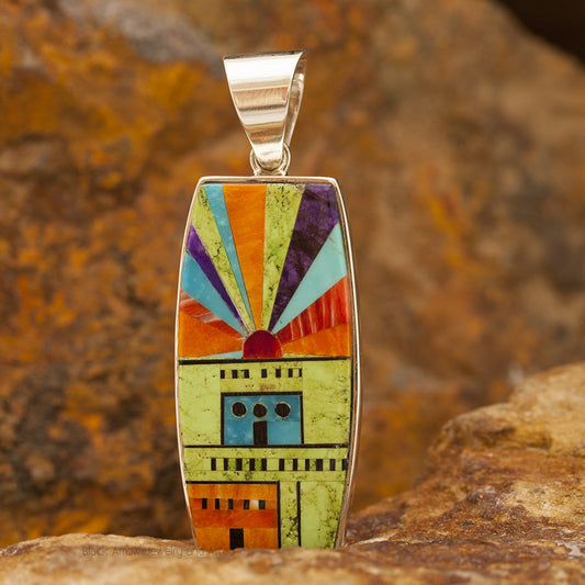 David Rosales Indian Summer Pueblo Inlaid Sterling Silver Pendant