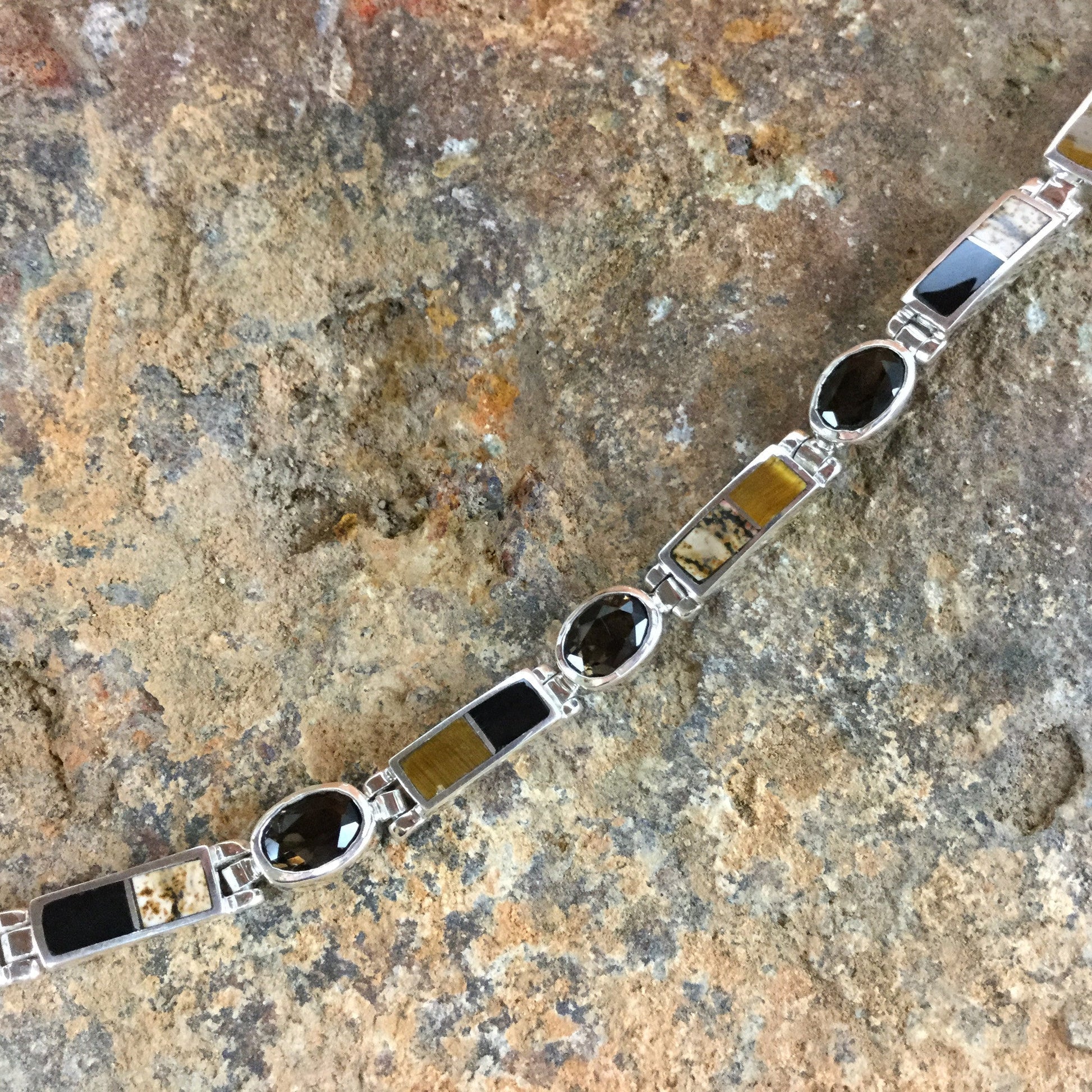 David Rosales Native Earth Inlaid Sterling Silver Link Bracelet w/ Smoky Topaz