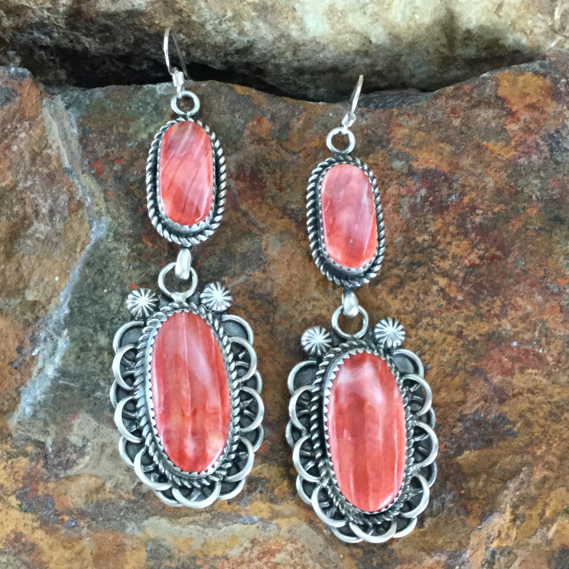 Orange Spiny Oyster Sterling Silver Earrings by Mary Tso