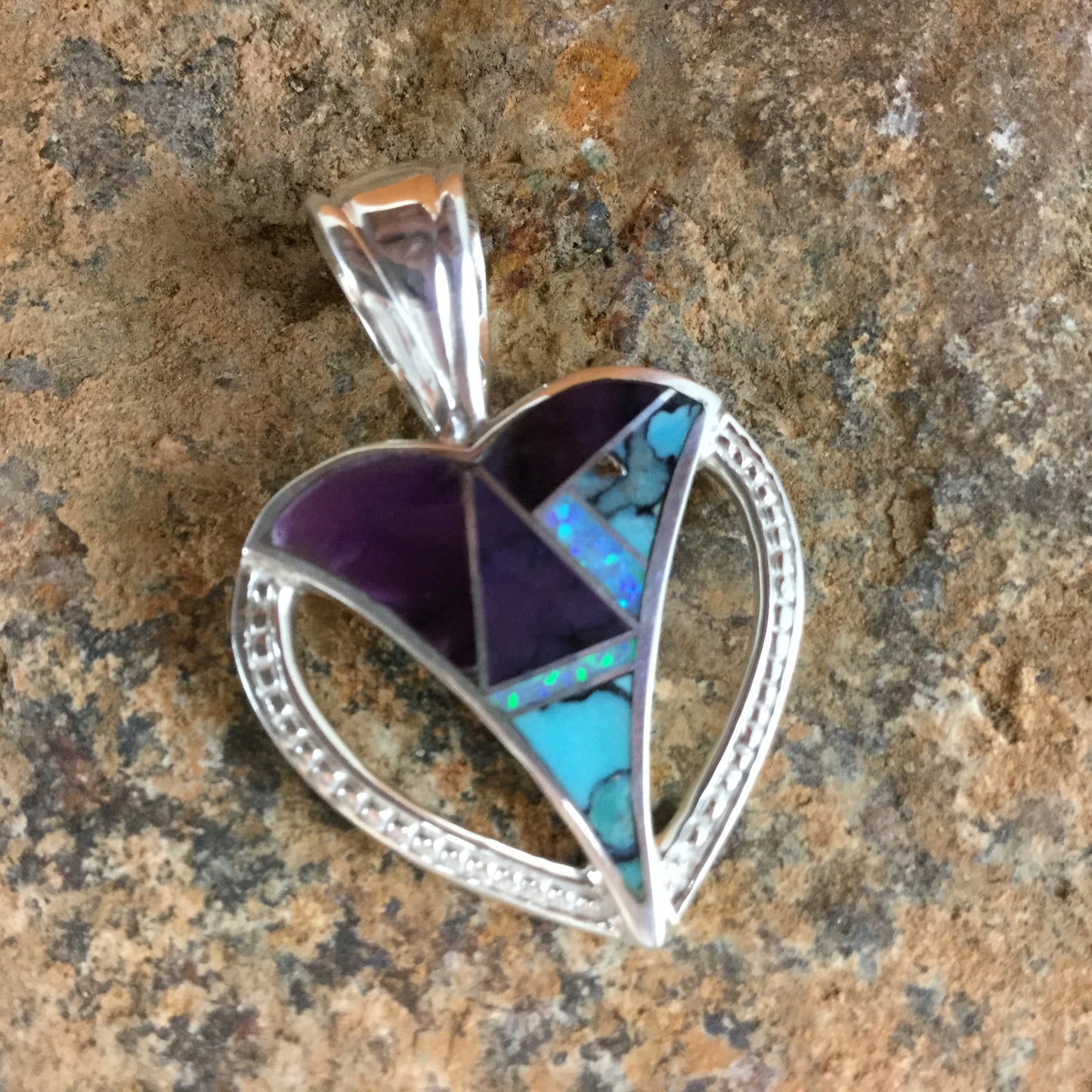 David Rosales Shalako Inlaid Sterling Silver Pendant Heart