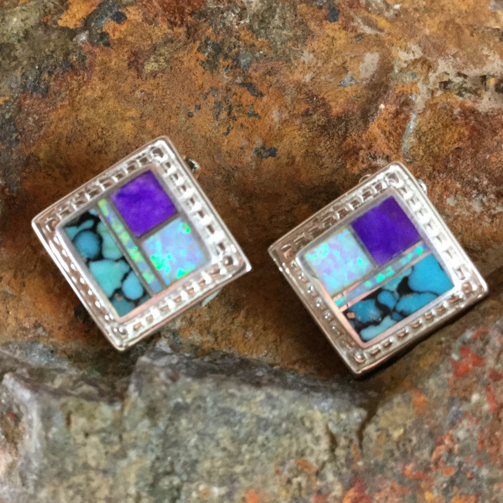 David Rosales Shalako Inlaid Sterling Silver Earrings Clip 