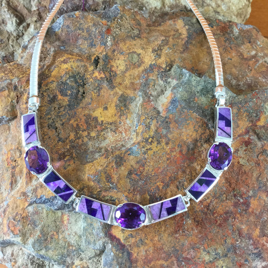 David Rosales Plum Crazy Fancy Inlaid Sterling Silver Necklace w/ Amethyst