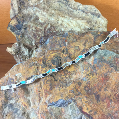 David Rosales Turquoise Creek Fancy Inlaid Sterling Silver Wavy Link Bracelet