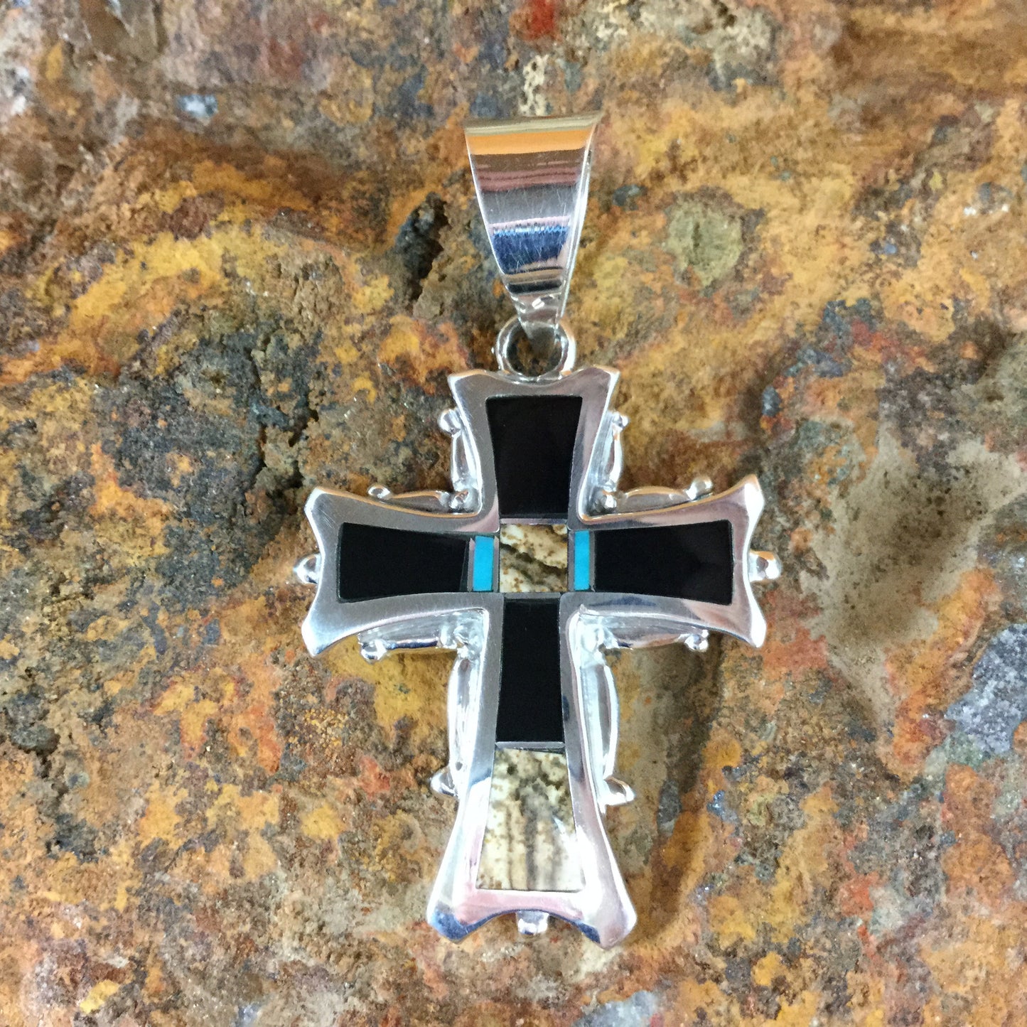 David Rosales Turquoise Creek Inlaid Sterling Silver Pendant Cross