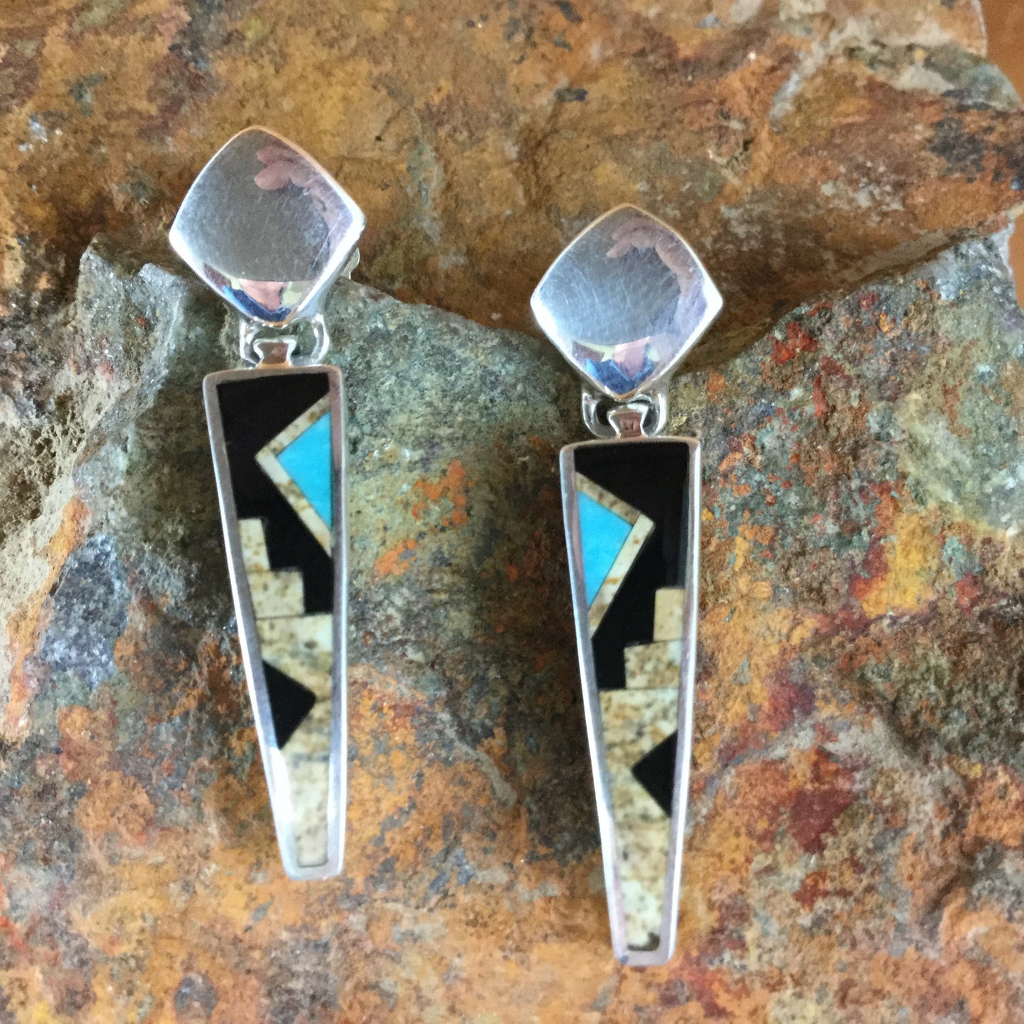 David Rosales Turquoise Creek Fancy Inlaid Sterling Silver Earrings