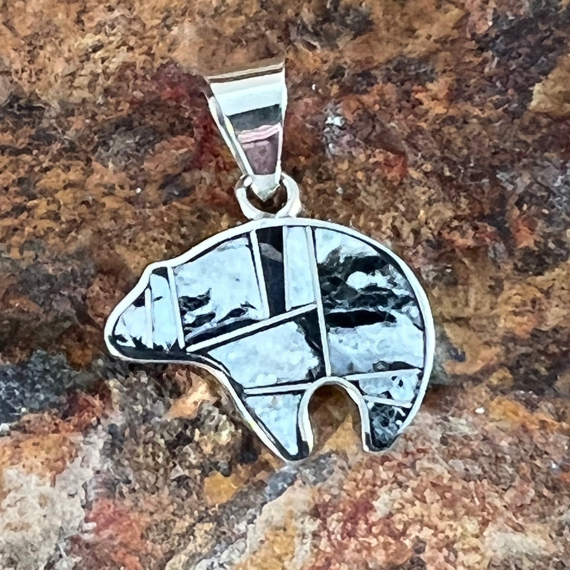 David Rosales White Buffalo Inlaid Sterling Silver Pendant Bear Reversable