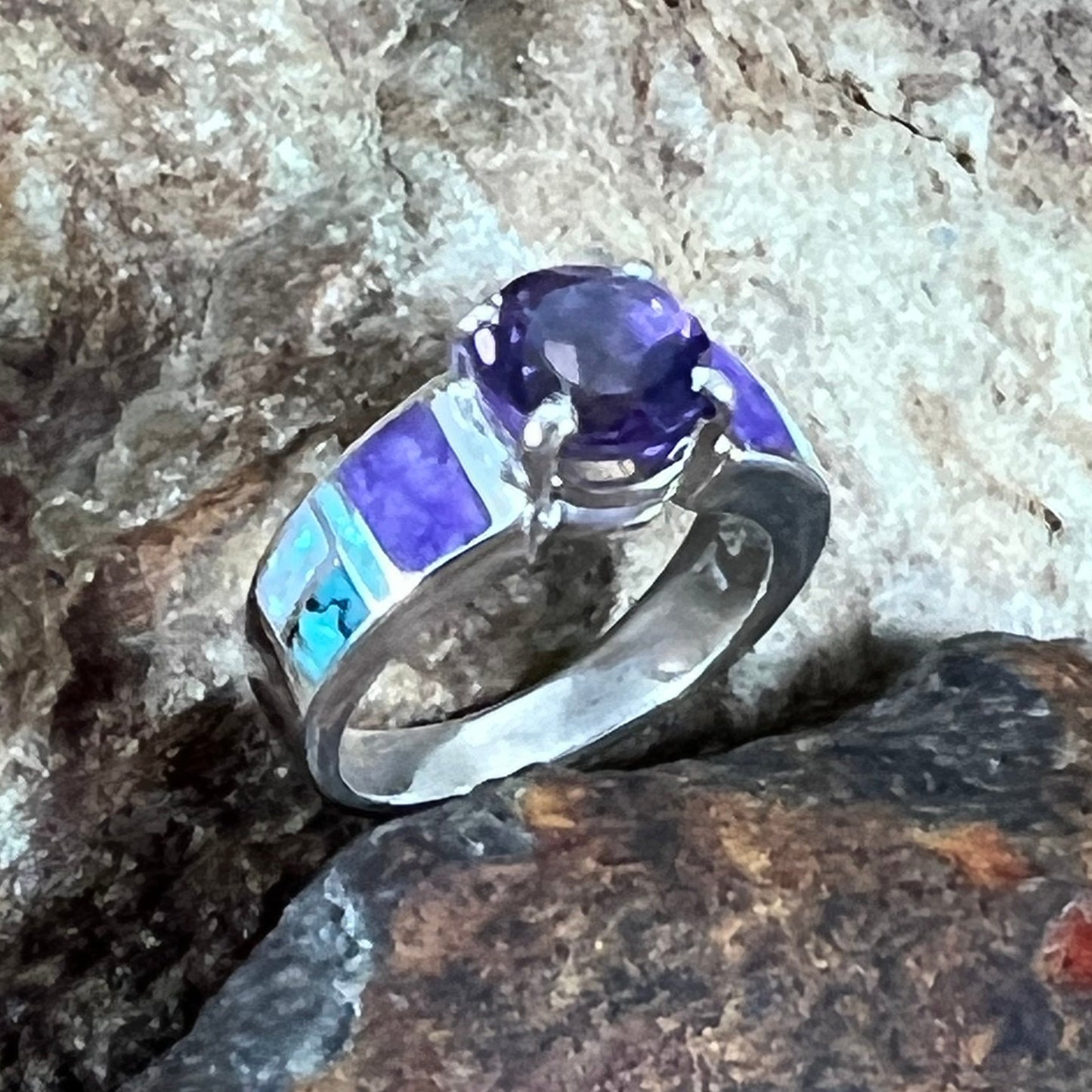 David Rosales Shalako Inlaid Sterling Silver Ring w/ Amethyst