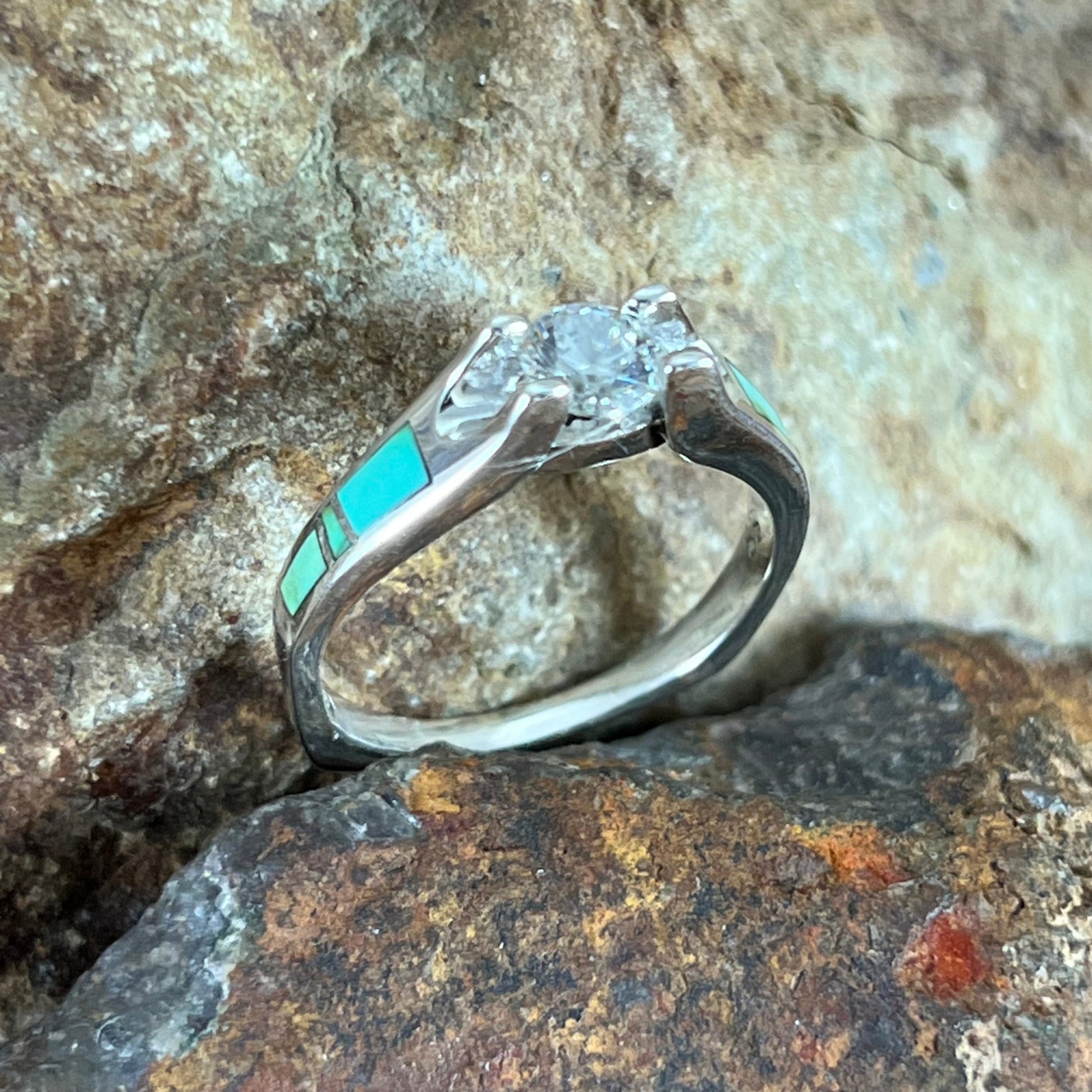 David Rosales Sonoran Gold Turquoise Inlaid Sterling Silver Ring w/ Cubic Zirconia