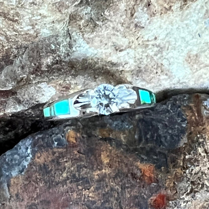 David Rosales Sonoran Gold Turquoise Inlaid Sterling Silver Ring w/ Cubic Zirconia