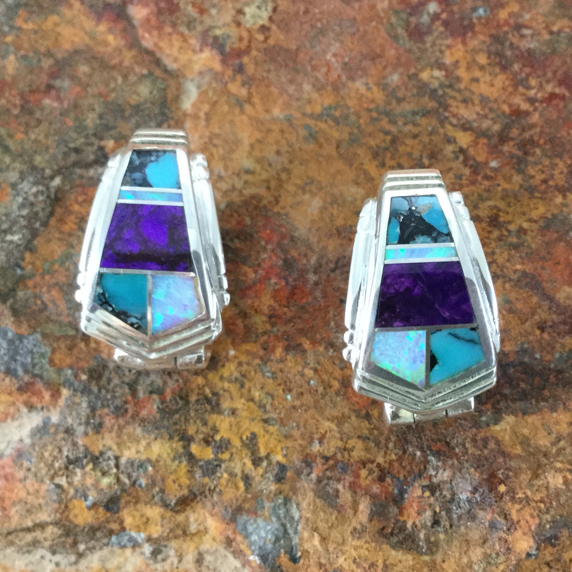 David Rosales Shalako Inlaid Sterling Silver Earrings Huggie