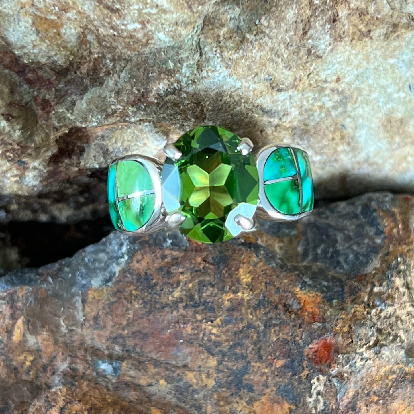 David Rosales Sonoran Gold Inlaid Sterling Silver Ring w/ Peridot