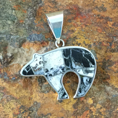 David Rosales White Buffalo Inlaid Sterling Silver Pendant Bear