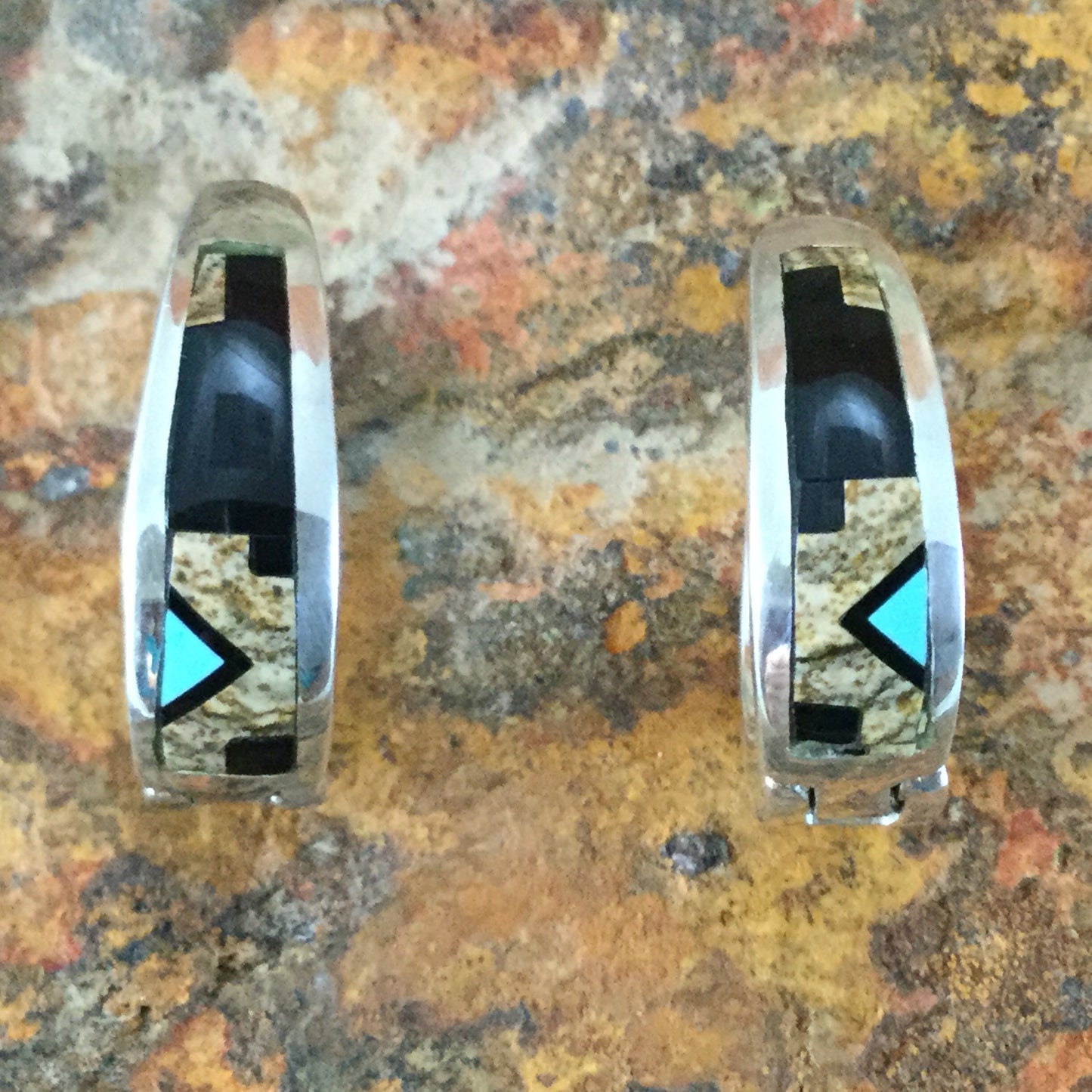 David Rosales Turquoise Creek Inlaid Sterling Silver Earrings Huggie