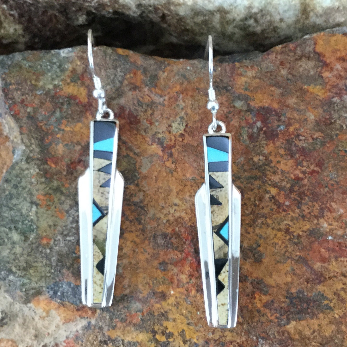 David Rosales Turquoise Creek Fancy Inlaid Sterling Silver Earrings