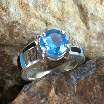 David Rosales Turquoise Creek Inlaid Sterling Silver Ring w Blue Topaz