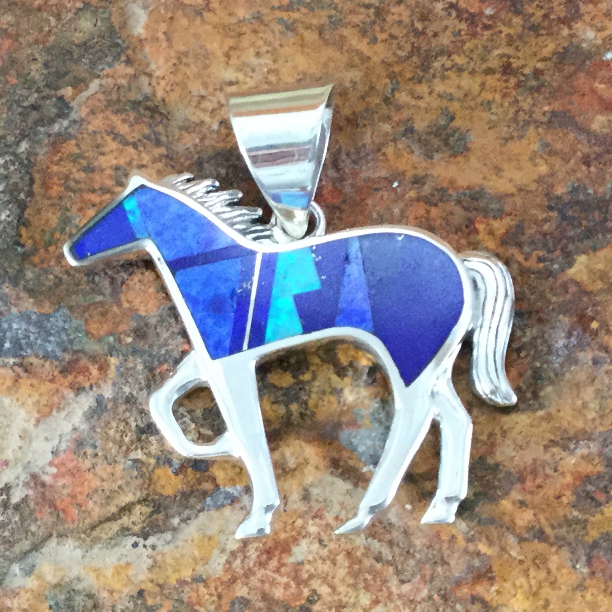 David Rosales Blue Sky Fancy Inlaid Sterling Silver Pendant Horse