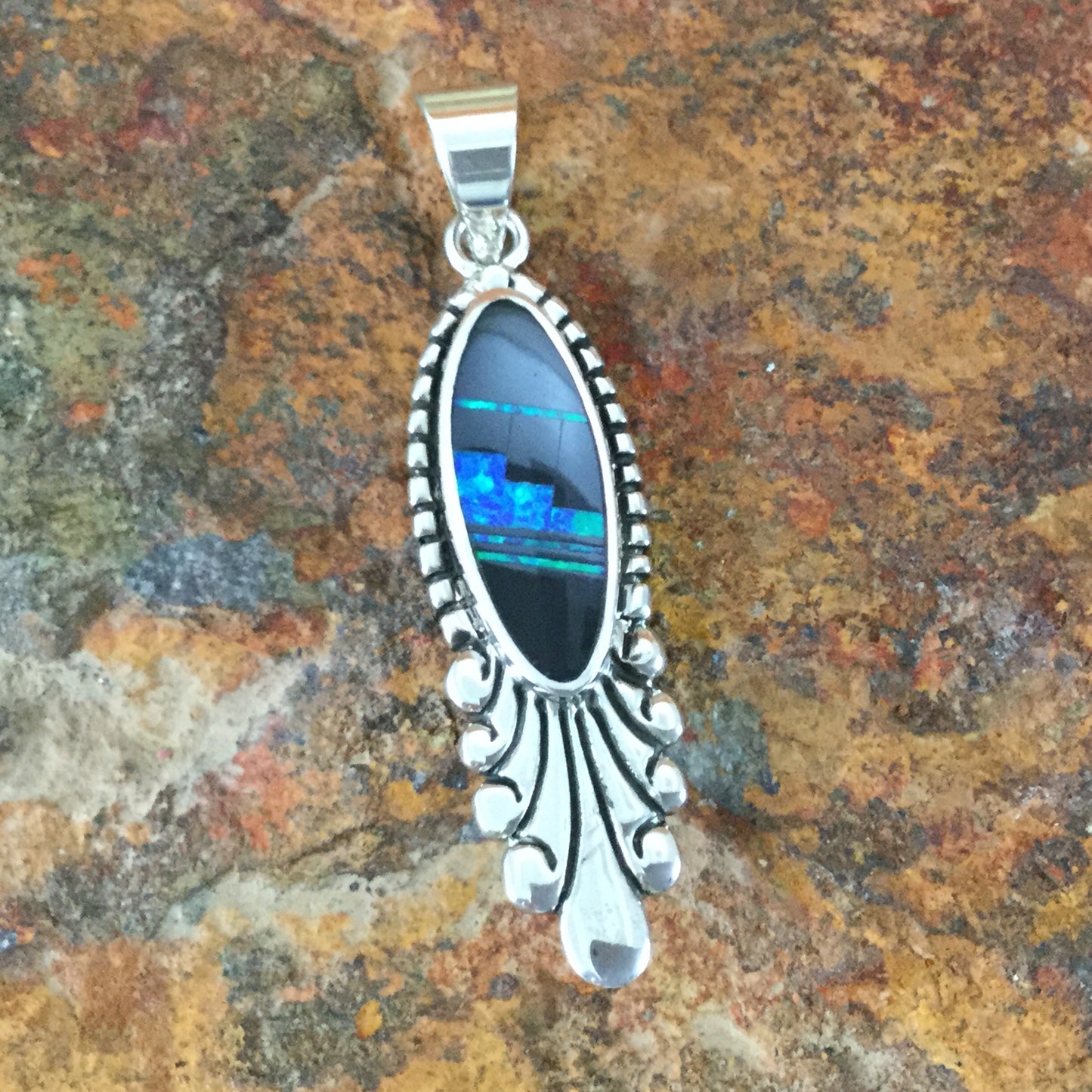 David Rosales Black Beauty Fancy Inlaid Sterling Silver Pendant